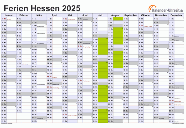 Ferien Hessen 2025 - Ferienkalender zum Ausdrucken