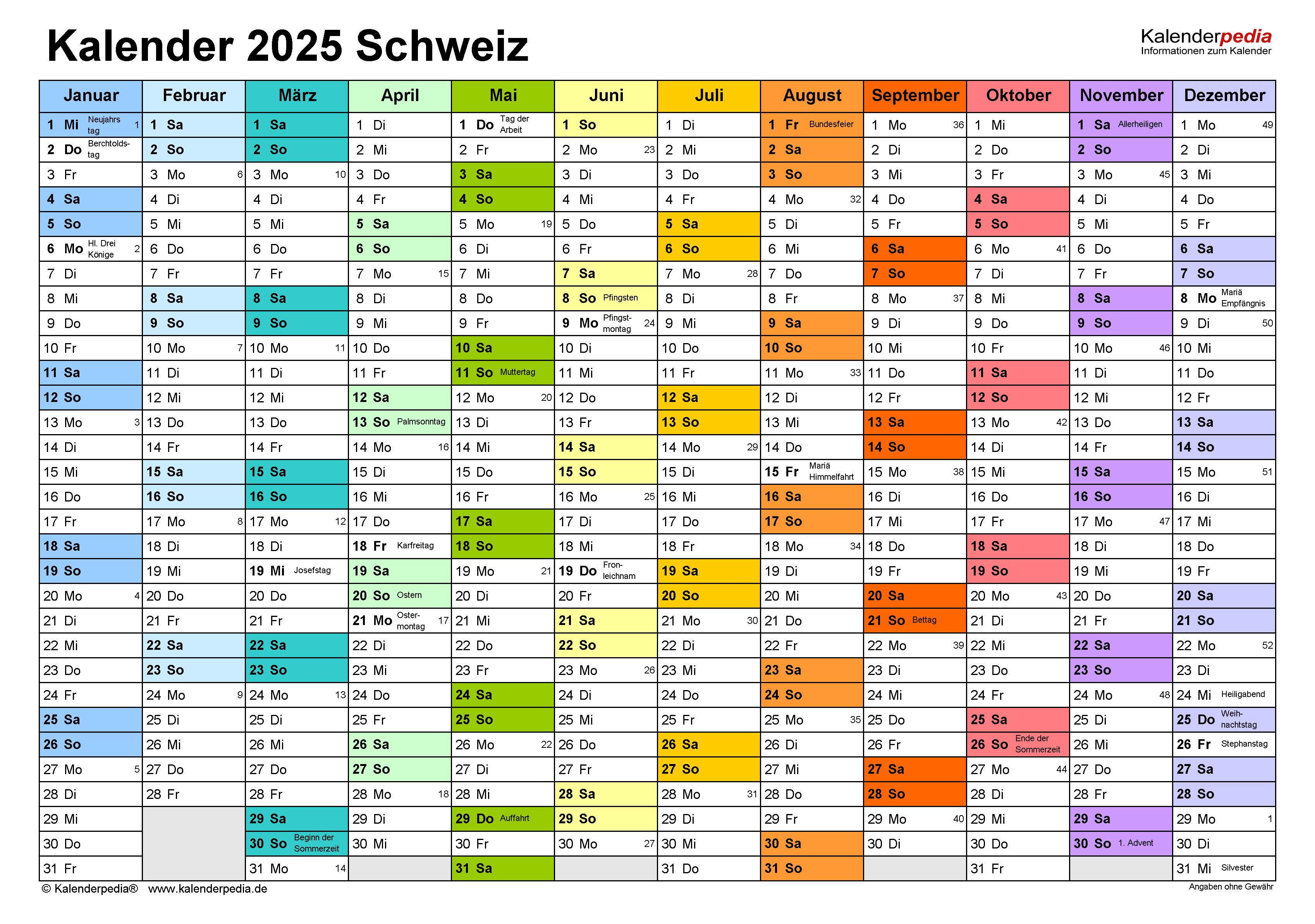 Jahreskalender 2025 Schweiz: Feiertage, Brückentage Und Planungshilfen