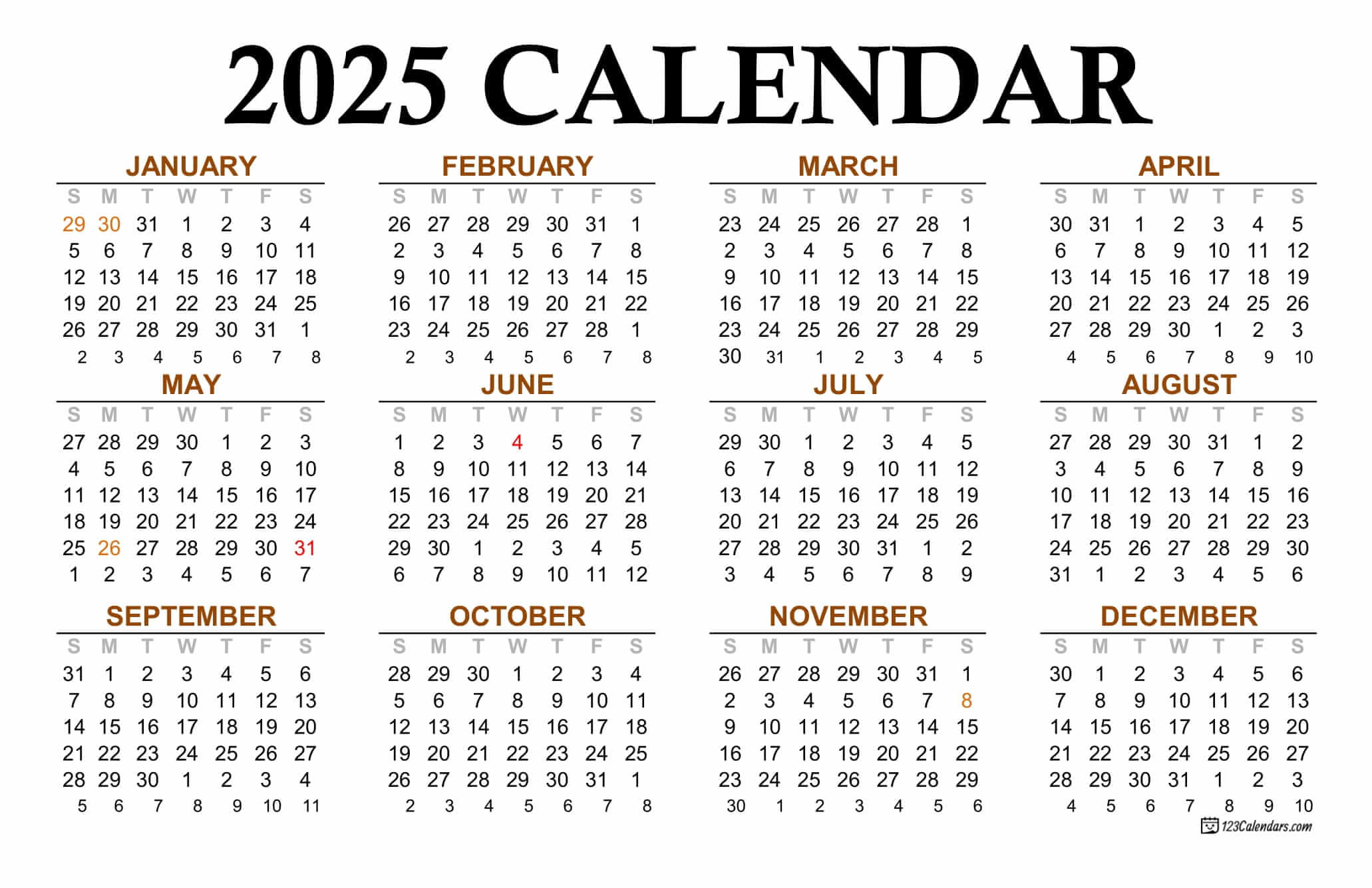 Year 2025 Calendar Templates | 123Calendars.com