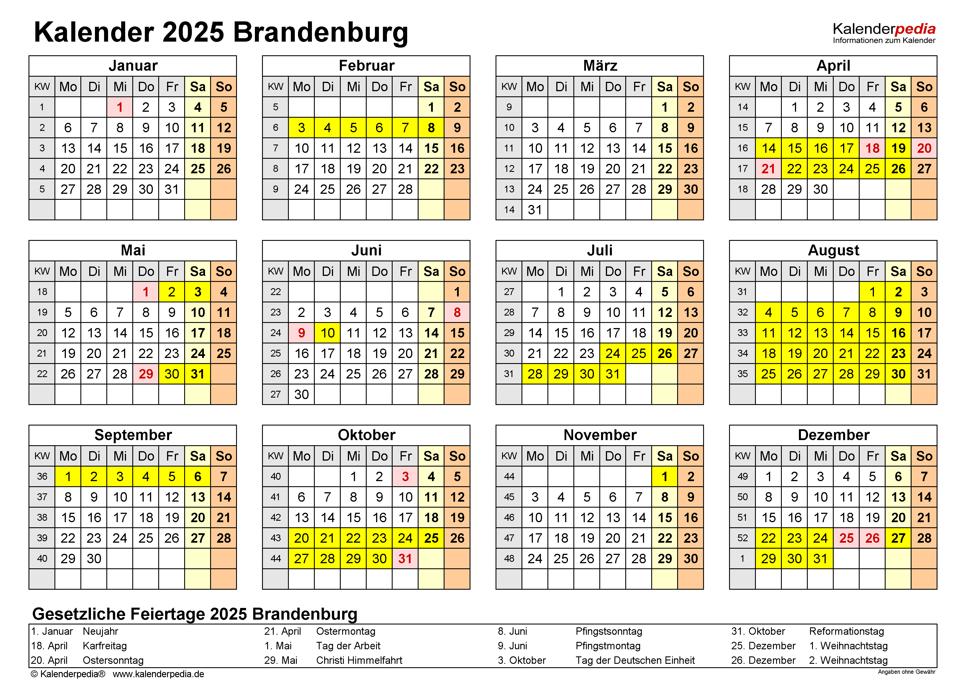 Kalender 2025 Brandenburg: Ferien, Feiertage, PDF-Vorlagen