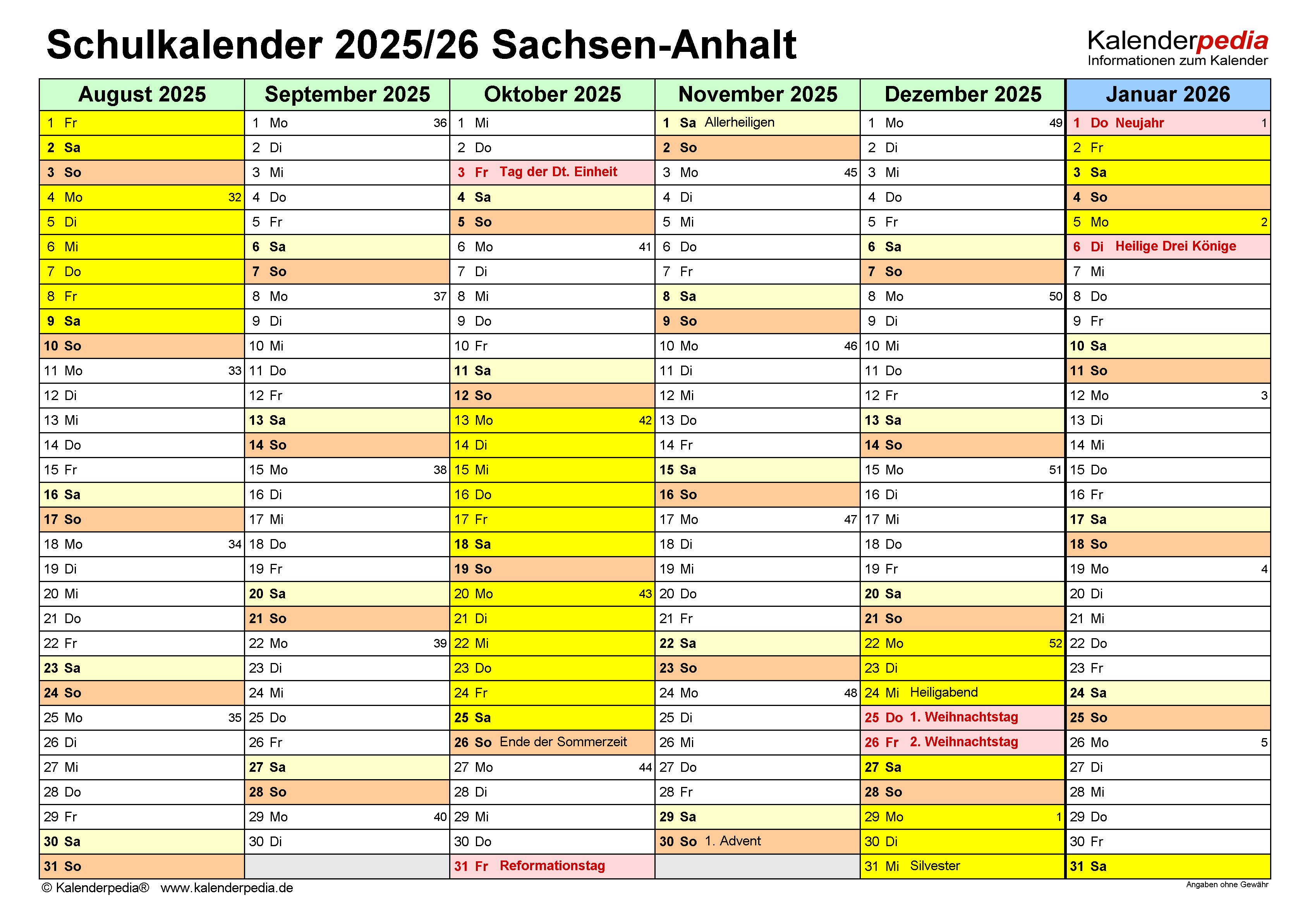 Schulkalender 2025/2026 Sachsen-Anhalt für Word