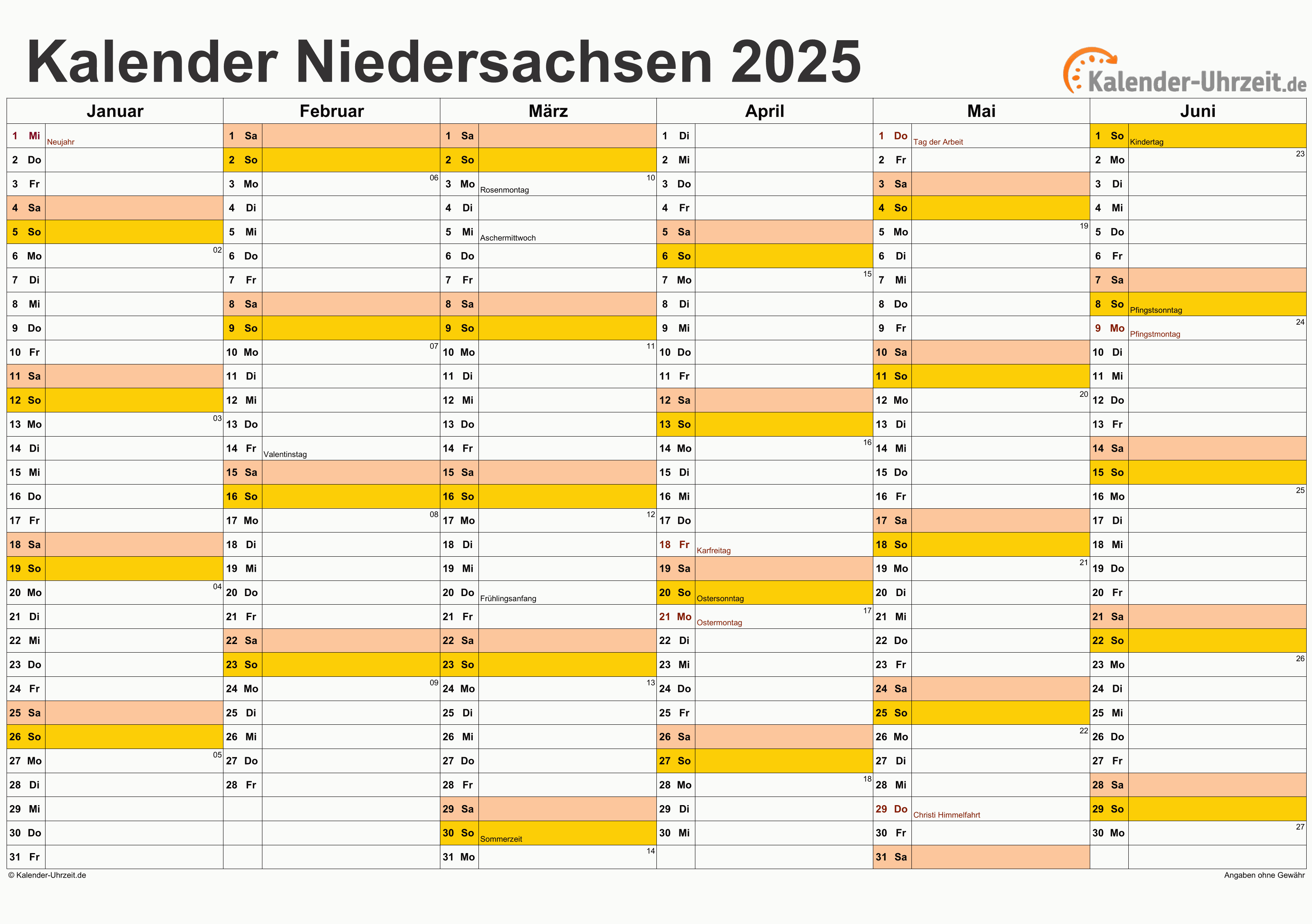 Feiertage 2025 Niedersachsen + Kalender