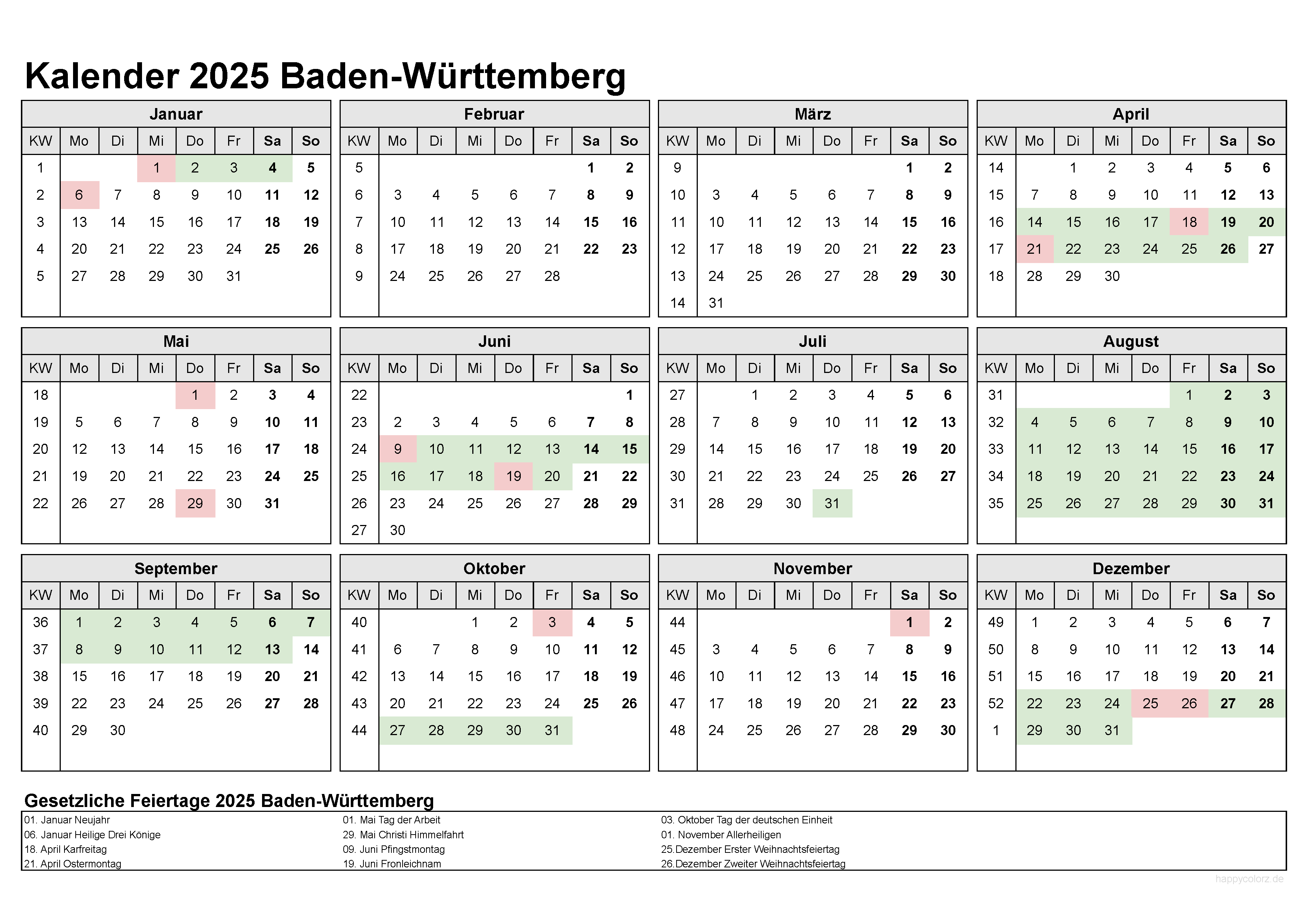 Kalender 2025 Baden-Württemberg kostenlos: Ferien-Übersicht, Feiertage